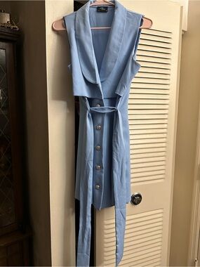 Sleeveless Light Blue Button-Front Tie-Waist Dress